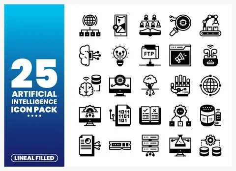 AI icons set with data. network. and technology symbols in a lineal filled .. Stockillustratie