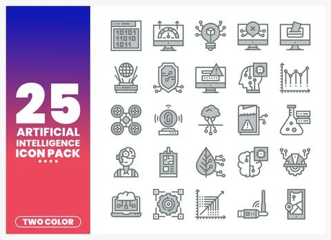AI Icons with Technology Data Concepts in Two-Tone Style Stock Illustration