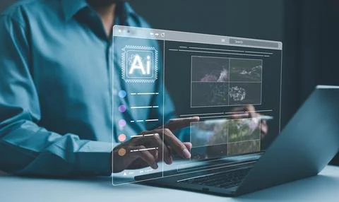 AI image creation technology. Man use AI software on a laptop to generate AI Stock Photos