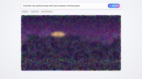 AI image generator app turns a typed prompt into a neon city skyline poster.. Vidéo 346911391