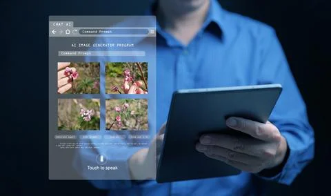 AI image generator. A man uses a program, artificial intelligence assistant.. 스톡 사진