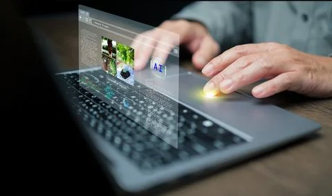 AI image generator. A man uses a program, artificial intelligence assistant.. Stockfoto's