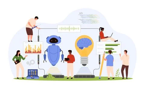 AI innovation technology for data research, tiny people work with digital brain Stock Illustration