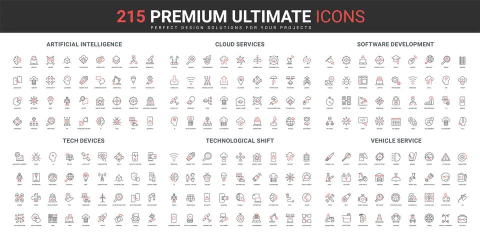 AI innovation technology, process automation, software development line icon set Illustrazione stock