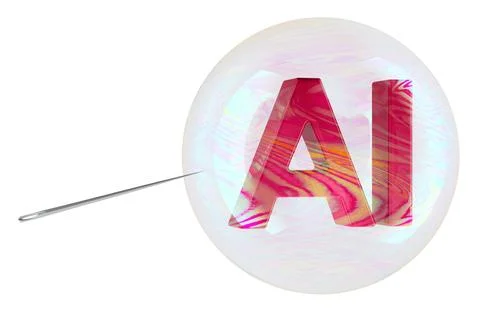 AI inside soap bubble with needle. Concept of AI hype bubble burst, 3D rend.. Illustrazione stock