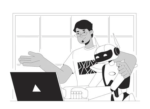 AI integration black and white cartoon flat illustration Stockillustratie
