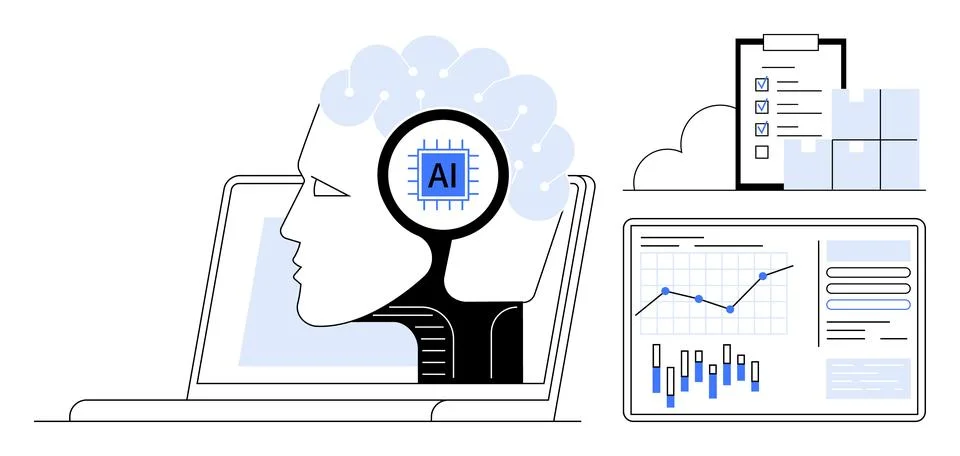 AI Integration in Business Analysis with Graphs, Charts, and Data Management Stock Illustration