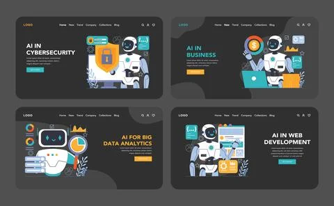 Ai integration dark or night mode web or landing set. Artificial intelligence Stockillustratie