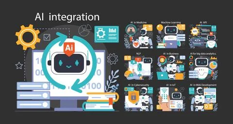 Ai integration dark or night mode set. Artificial intelligence , neural Stockillustratie