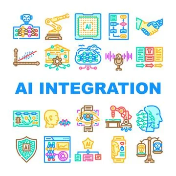 Ai integration deep learning icons set vector Stock Illustration