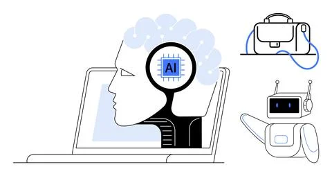 AI integration with human intelligence, robotic assistant, and business tools Stock Illustration