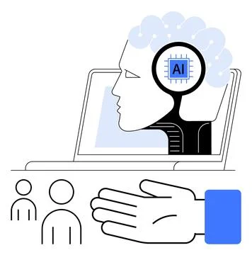 AI Integration in Human Interaction Laptop, Human Head, Hand, and Audience .. イラスト素材