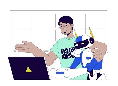 AI integration line cartoon flat illustration イラスト素材
