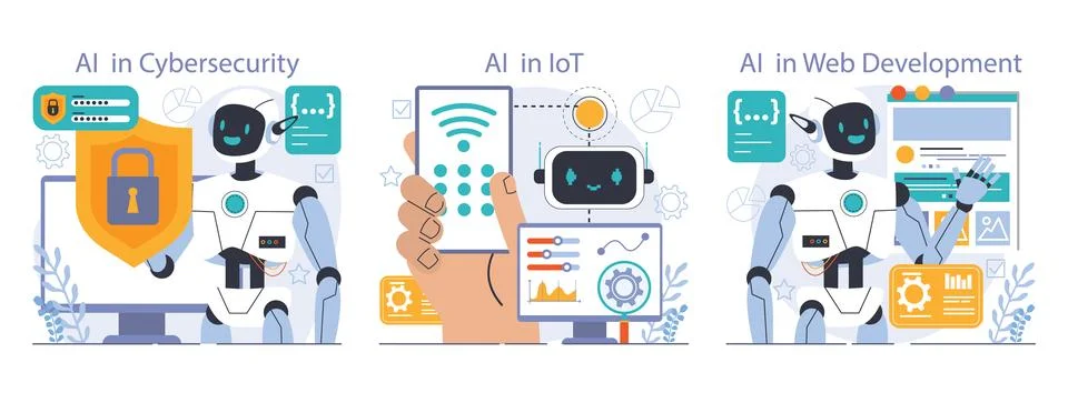 Ai integration set. Artificial intelligence and human synergy. Neural network 스톡 일러스트