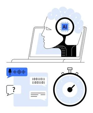 AI Integration in Technology with Laptop, Stopwatch, Speech Recognition, an.. Illustrazione stock