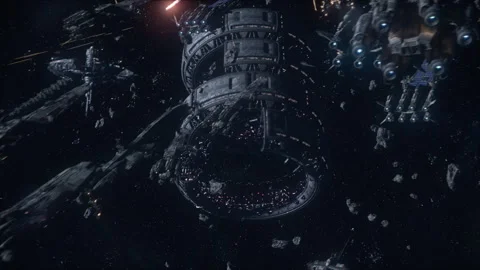 AI Invasion Forces Moving Through Asteroid Field Stock Footage 308923512