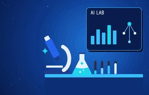 AI lab flat design vector illustration with microscope, flask, test tubes, Stock Illustration