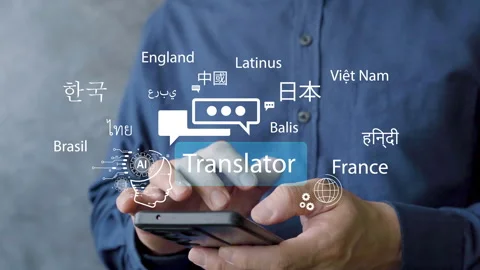 AI language translator app concept, man using smartphone for instant multili Stock Footage 319367704