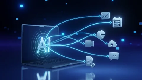 AI Laptop Connecting to Workflow Icons Email Calendar Chart Cloud Chat and Видео 333699662