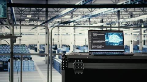 AI on laptop in server farm enabling machine learning tasks Stock Footage 314803977