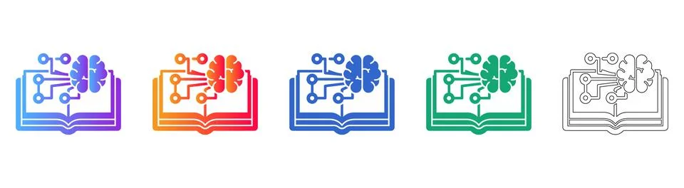 AI Learning Book Icon Set: Digital Knowledge &amp; Machine Intelligence Stock Illustration