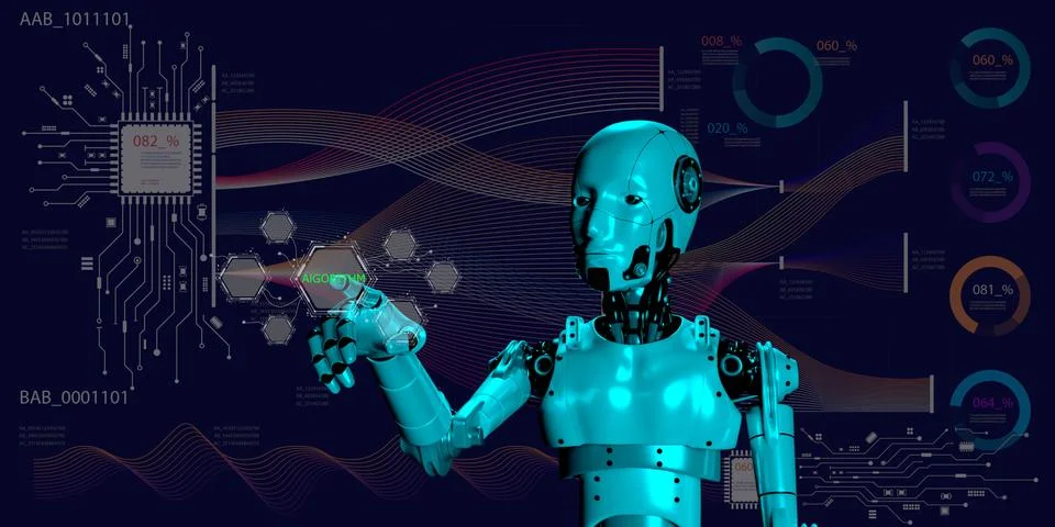 AI learning making algorithm on computer chip circuit datd network diagram .. Fotos de archivo