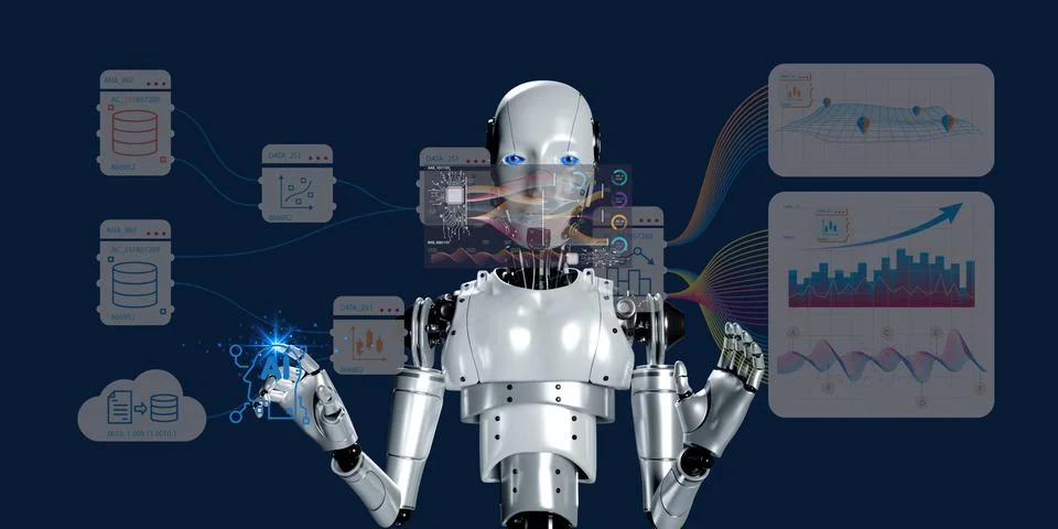 AI learning making algorithm on computer chip circuit datd network diagram .. Foto stock