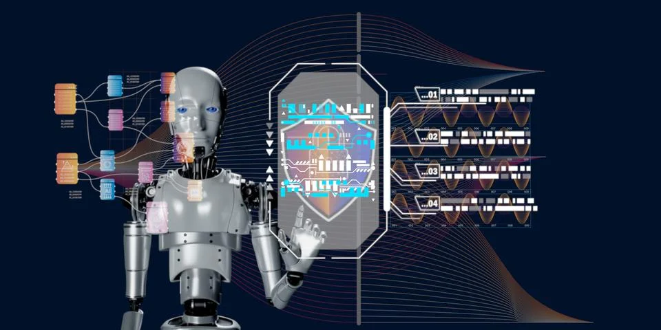 AI learning making algorithm on computer chip circuit datd network diagram .. Fotos de archivo