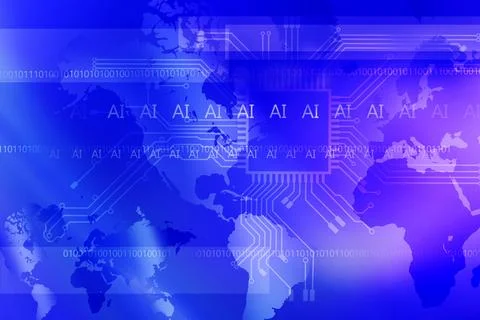 "AI" letters and binary numbers superimposed over computer board and world map Stock Photos