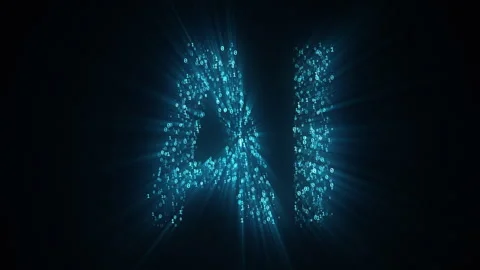 AI letters animation of glowing binary code symbols with outgoing beams Stock Footage 279421395