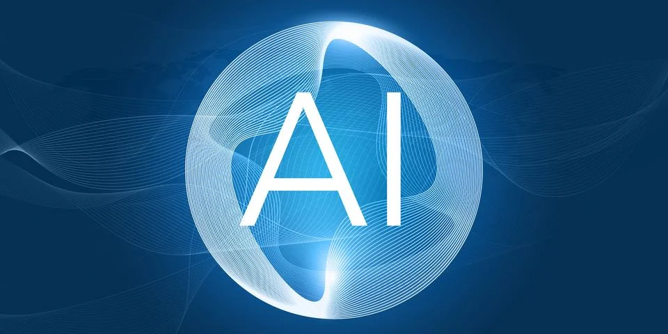 AI letters centered inside a glowing futuristic three dimensional blue sphe.. Stock Illustration