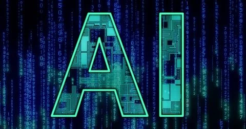AI letters with digital circuit patterns and binary code background, Stockfoto's