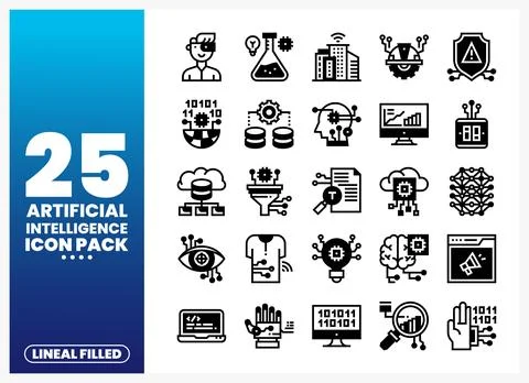 AI linear filled icons with binary code and circuitry 库存插图