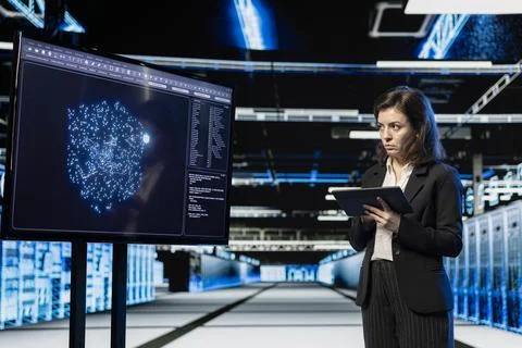 AI LLM assistant, female programmer and cloud computing in data center 스톡 사진
