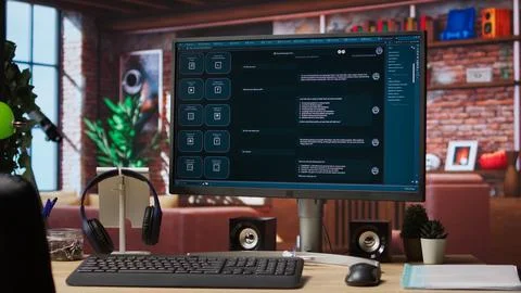AI LLM chatbot on computer screen in home office 库存照片
