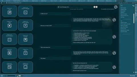 AI LLM chatbot software UI showing virtual assistant answering user prompts Stock Photos