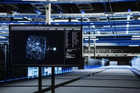 AI LLM visualization on display in data center helping run cloud computing Stockfoto's