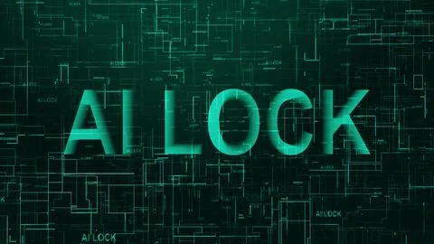 AI lock text technology data line cyan color Stock Illustration