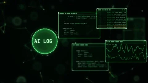 AI log terminal with code panels a line graph and a glowing badge on a dark 스톡 동영상 344719531