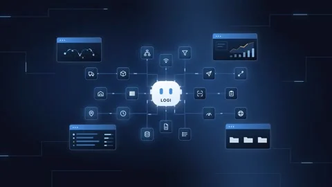 AI Logistics Agent HUD Interface Futuristic Digital Dashboard Dark Navy Blue Stock Footage 345094473