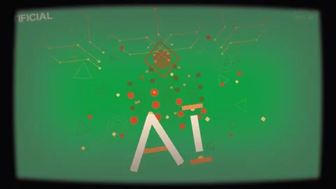 AI logo gaining dots rising above, forming pulsing column feeding nodes for data Stock Footage 333972054