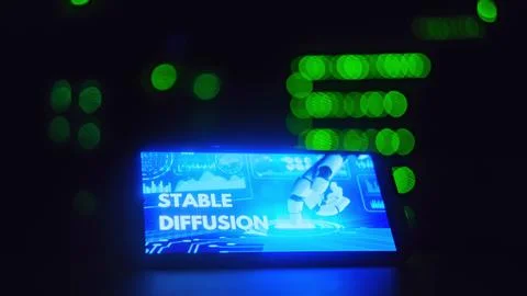 AI logo stable diffusion on the phone screen on the background of the server  Stock Photos