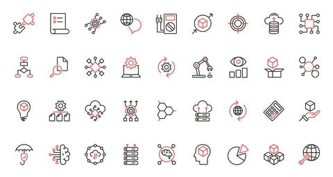 AI, machine learning and science trendy red black thin line icons set, neural Stock Illustration