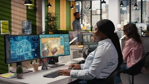 AI machine learning, architectural software optimization, black female developer Foto stock