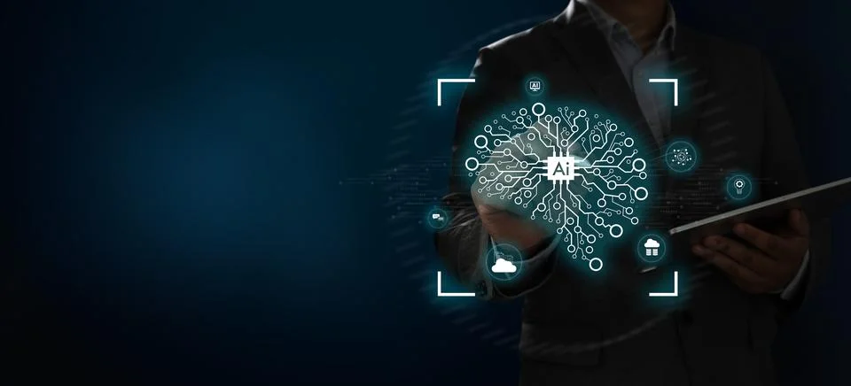 AI, machine learning businessman intelligence artificial technology man usi.. Stock Photos