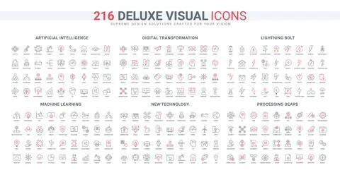 AI machine learning, data processing and gears, computing, lightning bolt line Stock Illustration