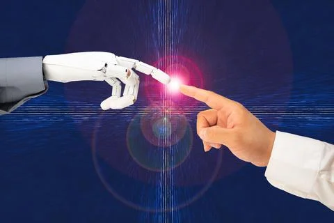 AI, Machine learning, Hands of robot and human touching on big data network conn Stock Photos