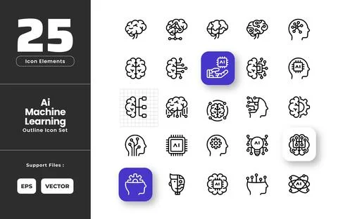AI Machine Learning Icon Set Collection - Outline Line Art Style. Containin.. イラスト素材