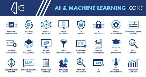 AI &amp; Machine Learning Icon Set. Collection of Artificial Intelligence, Neur.. Stock Illustration