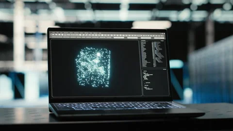AI machine learning LLM in data center on laptop used to troubleshoot issues Stock Footage 329325532